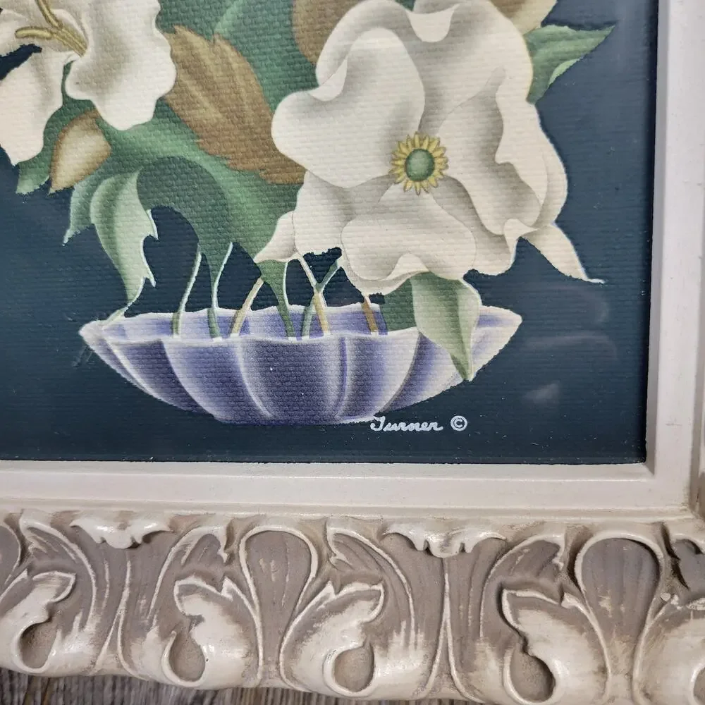 Vintage Turner Floral Prints Pair MCM White Flowers Ornate Cream Framed Wall Art